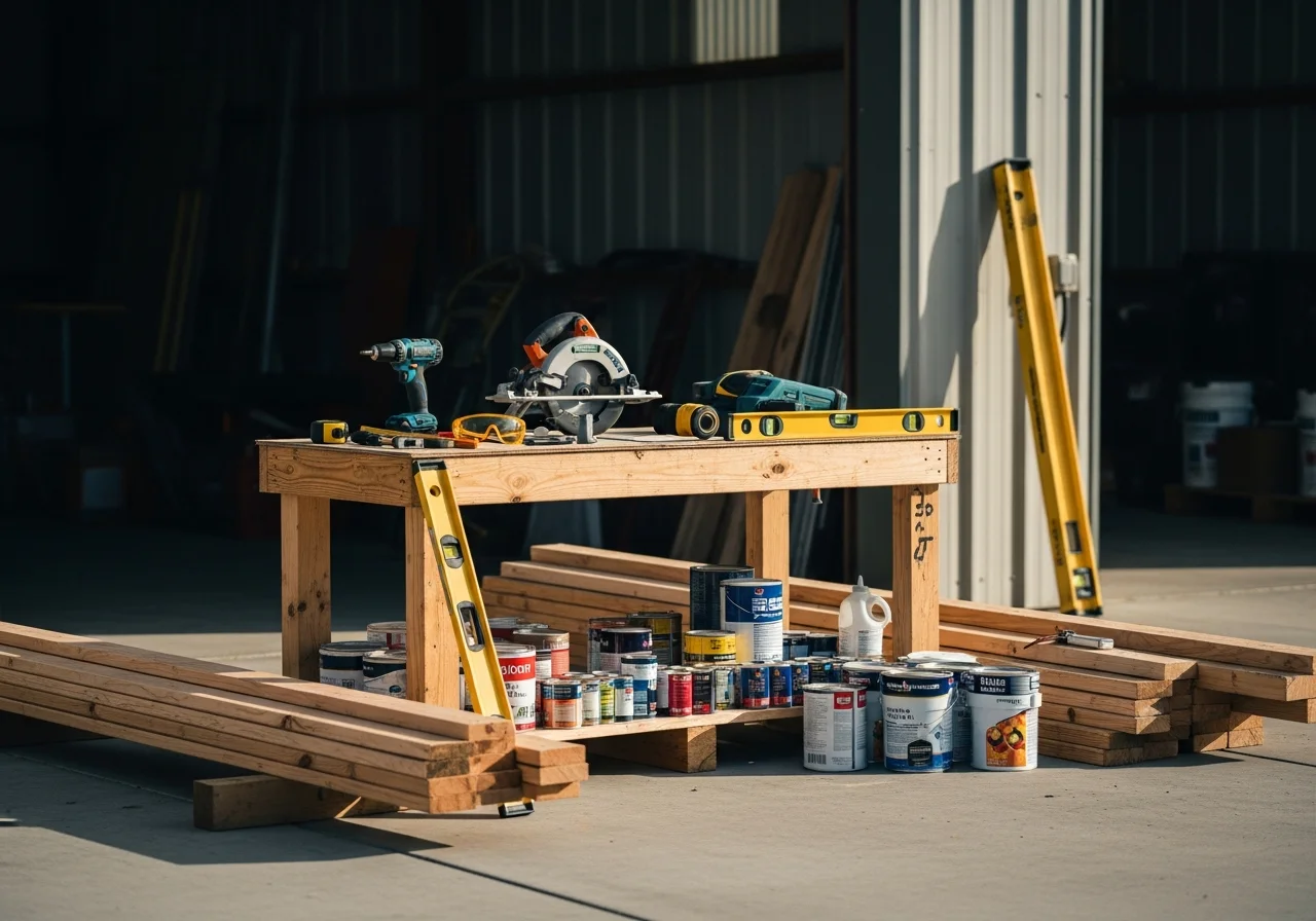 Construction crew tools and materials on a job site, ready for remodeling work.