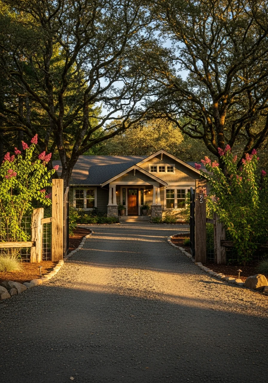 Close-up of a Dallas home's entrance with a rural setting, native plantings, and clear sightlines to the property.