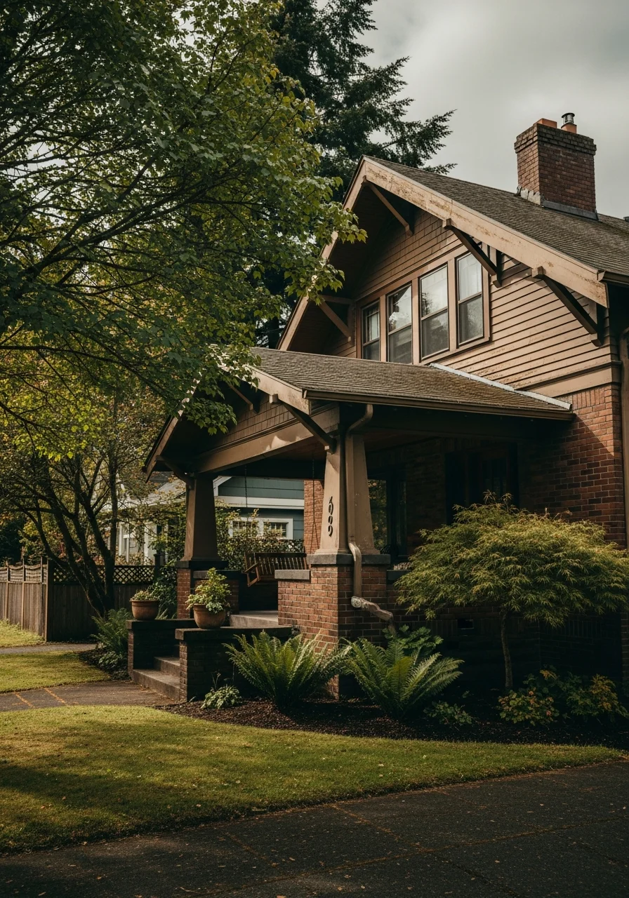 Portrait of a charming McMinnville home with period details, mature landscaping, and a welcoming front facade.