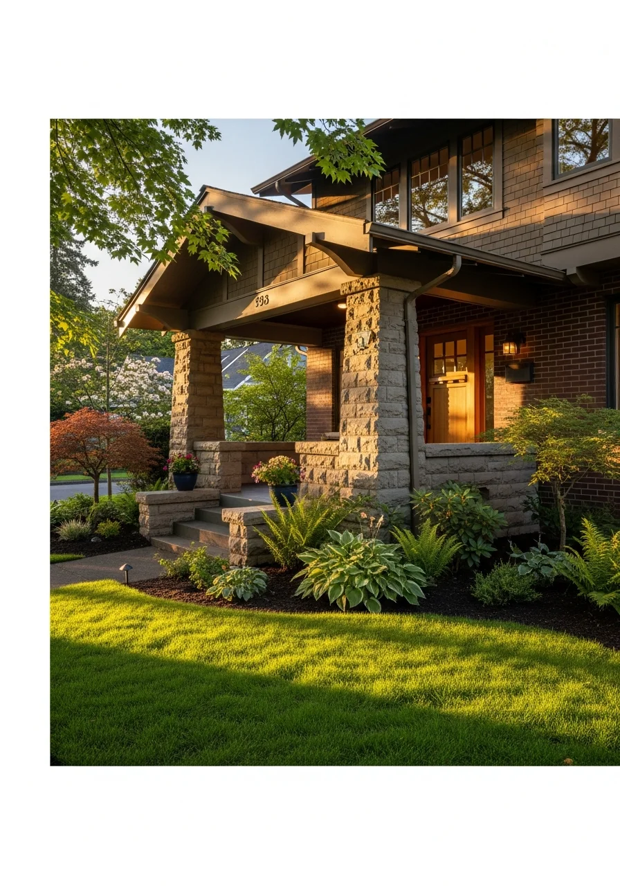 Close-up of a well-maintained Salem home's front entrance with a manicured lawn and welcoming porch.