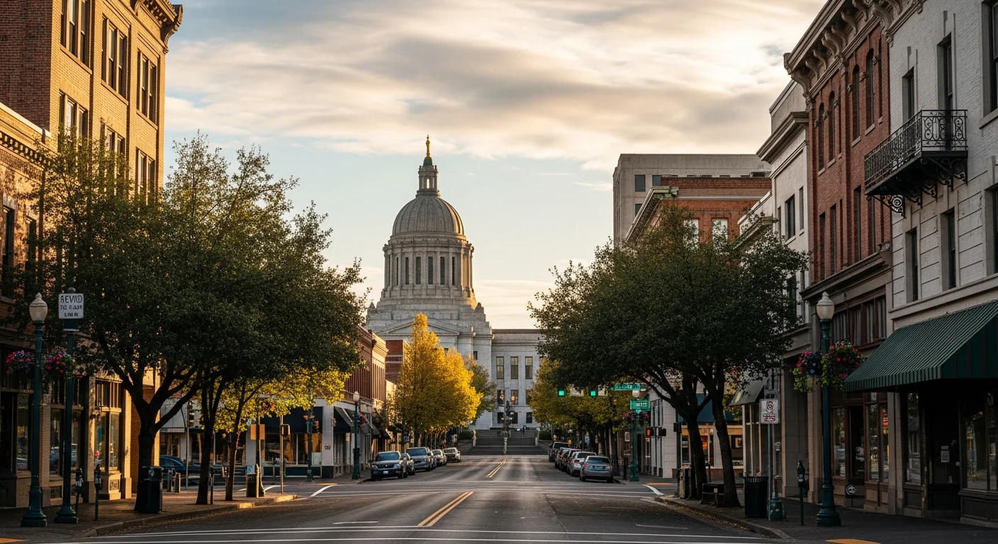 Wide view of Salem's downtown skyline with the Capitol building visible, tree-lined streets, and mixed residential and commercial buildings.