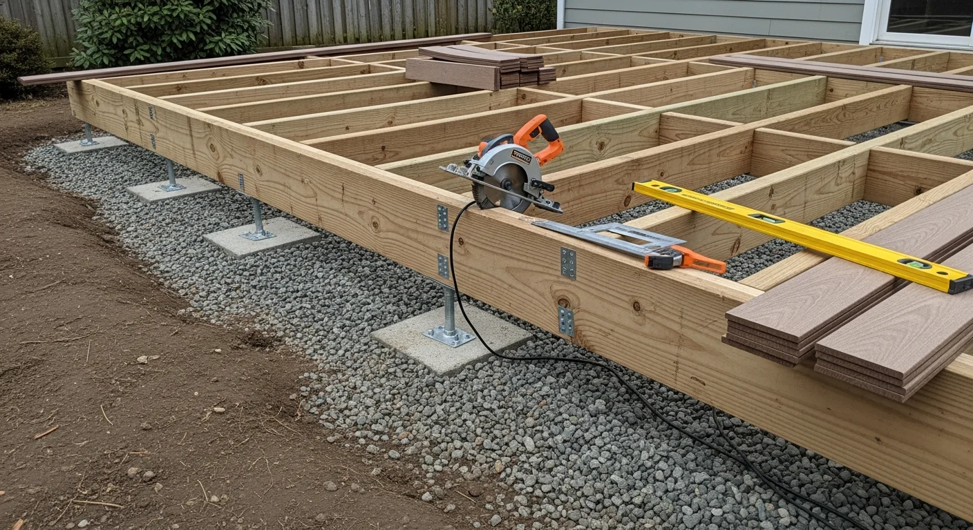 A newly built wood deck attached to the back of a single-family home in Salem, Oregon, with clean board lines, a stair landing, and a railed perimeter. The surrounding yard shows the flat Willamette Valley terrain typical of Salem residential properties.