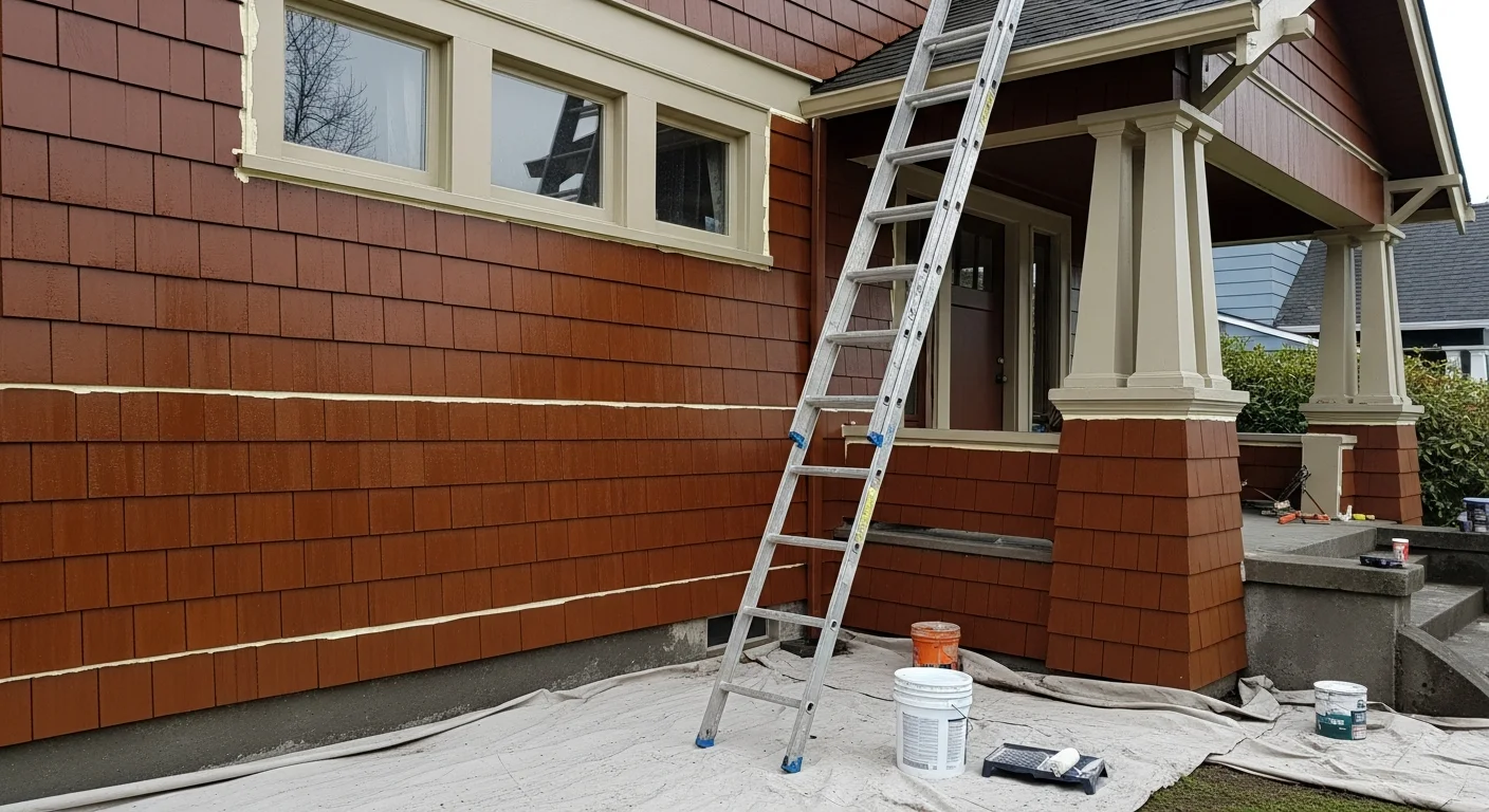 A freshly painted two-story home exterior in Salem, Oregon, with clean siding and sharp trim lines. The repainted surface shows no peeling or mildew, typical of a properly prepped Willamette Valley exterior paint job.
