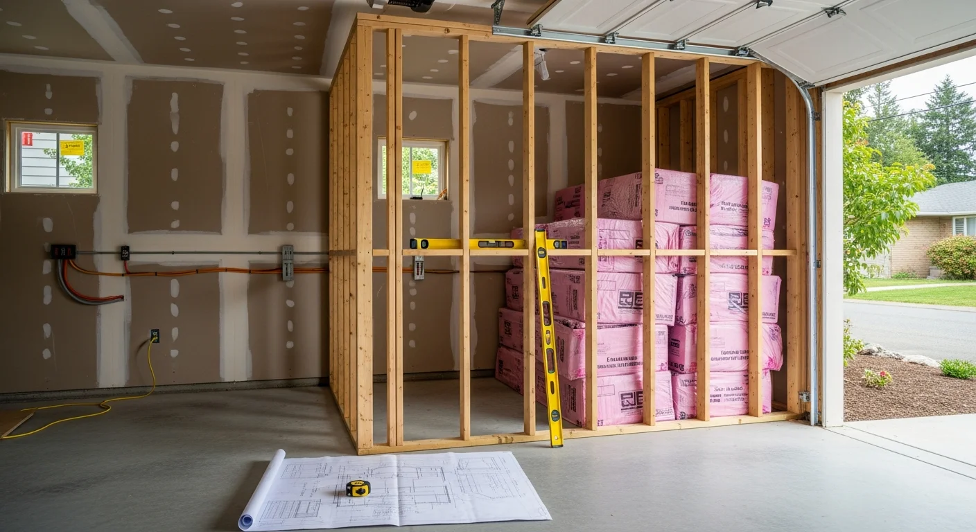 A finished garage addition in Salem, Oregon showing a framed and insulated interior with new flooring and drywall. The structure connects to an existing single-family home on a residential lot.