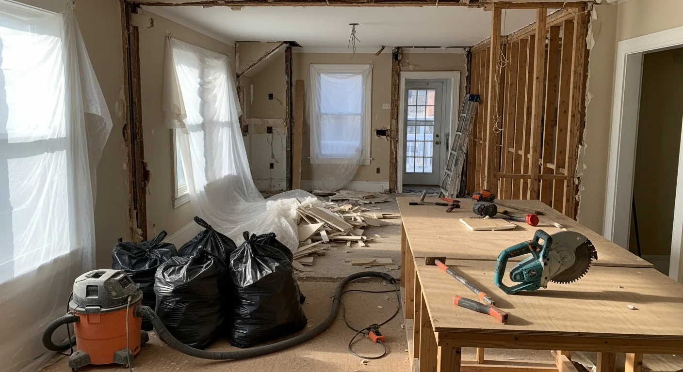 Interior demolition in progress inside a Salem, Oregon home, with walls stripped to the studs and flooring removed in preparation for renovation. A cleared residential room showing exposed framing after selective interior demo by a Salem general contractor.