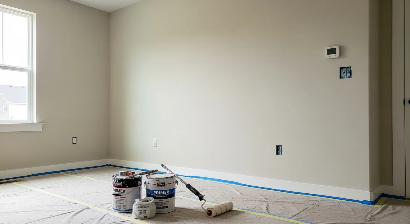 A freshly painted interior living room in a Salem, Oregon home, showing clean white walls, sharp trim lines, and smooth coverage on drywall surfaces. A painter from Ren Con Inc applies a final coat along the baseboard trim in a residential room.
