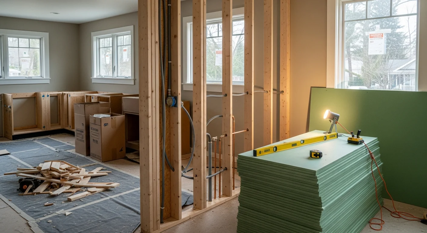 Remodeled kitchen in a Salem, Oregon home with updated cabinetry, new countertops, and an open layout replacing a former galley-style floor plan. General contractor finish work visible in trim details, lighting, and flooring throughout the space.