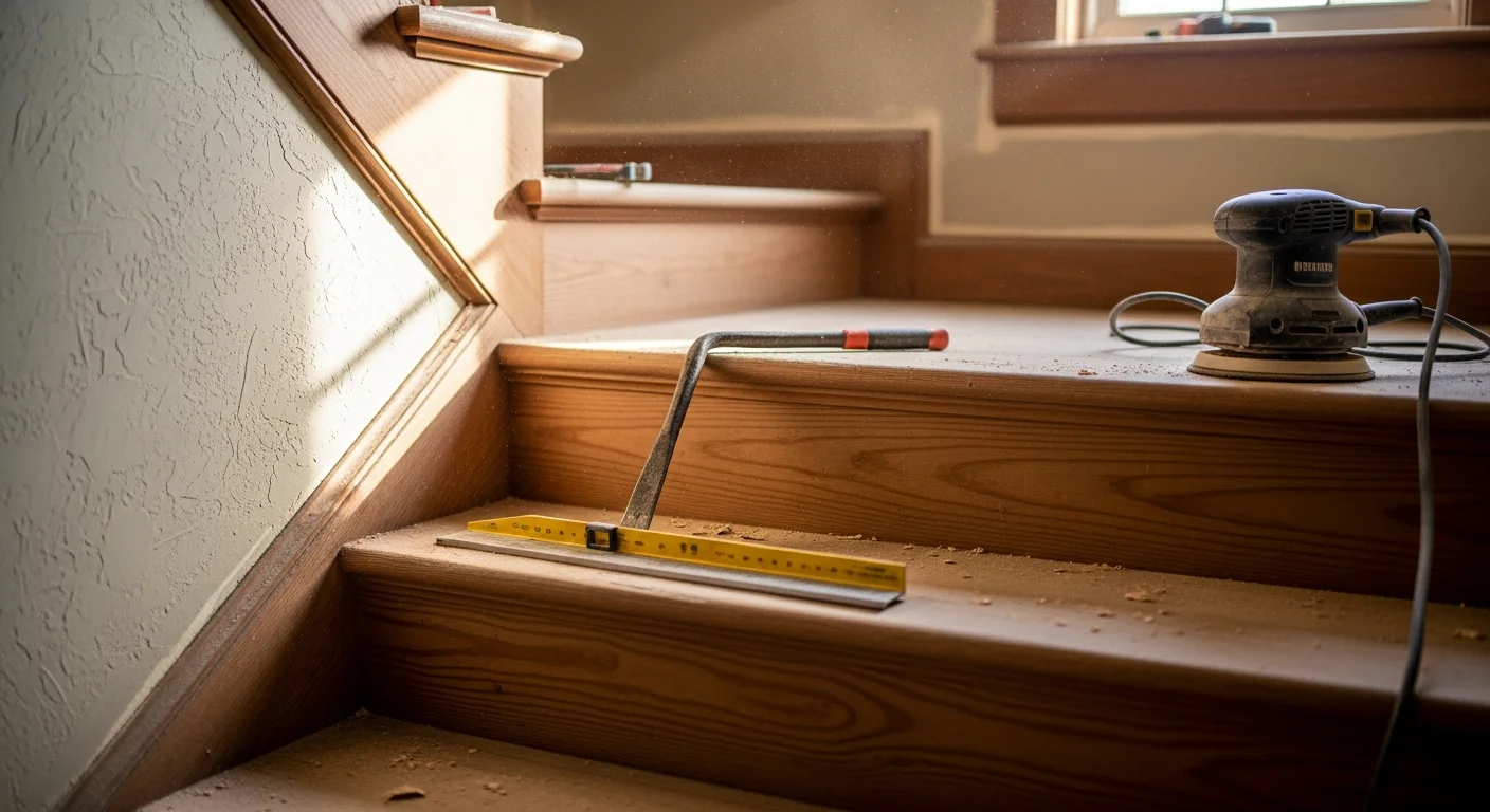 A carpenter from Ren Con Inc installs a new wooden stair tread on an interior staircase inside a Salem, Oregon single-family home. The finished treads show clean, tight joinery with a consistent wood tone matching the existing trim.