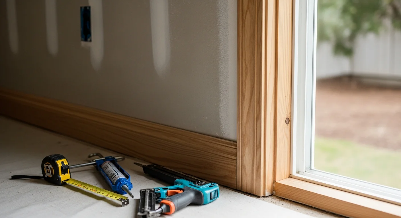 A Salem, Oregon home interior showing freshly installed white door casing and baseboard trim with tight corner joints and clean paint-ready surfaces. A carpenter's miter saw and trim pieces are visible on the workroom floor nearby.