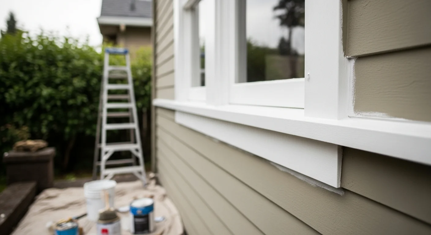 Freshly painted white exterior trim on a Craftsman-style home in Salem, Oregon, with clean lines around window casings and a dark front door. Close-up view shows sharp paint edges against wood siding with no drips or bleed.