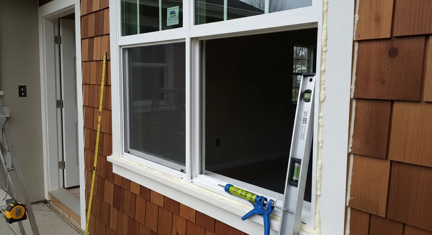 A carpenter installing a new exterior door on a single-family home in Salem, Oregon, with the door frame squared and sealed against the exterior wall. The surrounding trim is clean and flush, showing a finished residential installation.